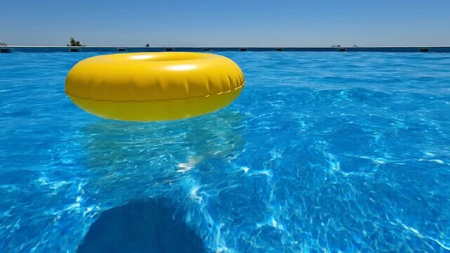 Yellow inflatable ring floating on crystal blue swimming pool water under clear sky