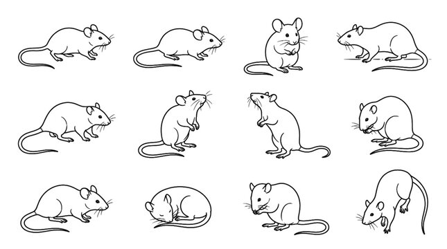 Mouse and rat outline illustration collection featuring various poses and natural movements