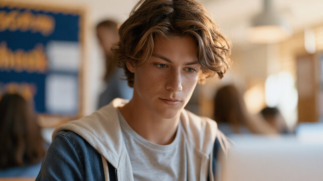 Teenager at school laptop frustrated by forgotten digital identity password at library terminal, IT help desk staff working through remote access recovery steps, back-to-school week bulletin board d