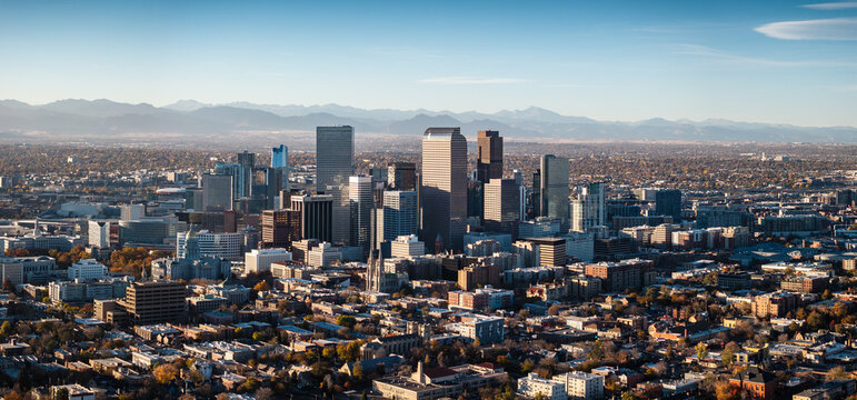 Aerial view of the skyline of Denver, Colorado, USA.