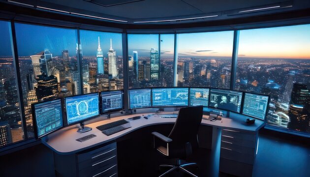 Modern Command Center Overlooking Cityscape at Dusk.
