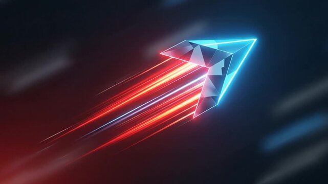 Glowing digital arrow flying through dark space with red light trails.