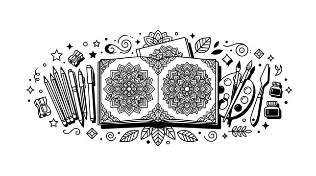 Art supplies and coloring book with mandala