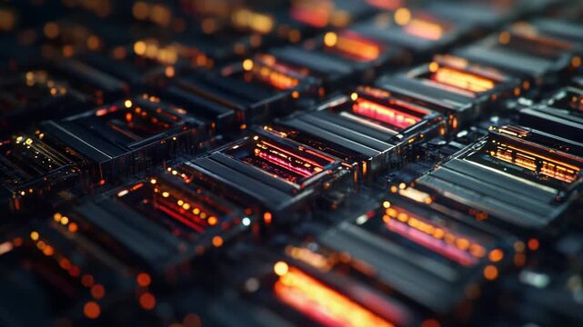 Computer processing unit microchips embedded on a circuit board, illuminating with vibrant red and orange light, symbolizing advanced digital technology and powerful data flow