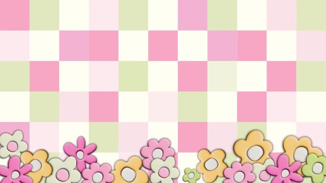 4k footage animation of pink green yellow flower popped filled the pastel checkered background. Summer floral design. greeting card, banners, web, wrapping fashion,wallpaper. Groovy, funky, floral