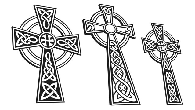 Vector illustration of three ornate celtic crosses with intricate knotwork designs knotwork religious