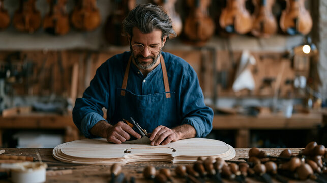Luthier in a Bologna violin workshop shaping a spruce soundboard with a finger plane, completed instruments hanging above a bench scattered with carving gouges and hide glue, handmade instrument cra