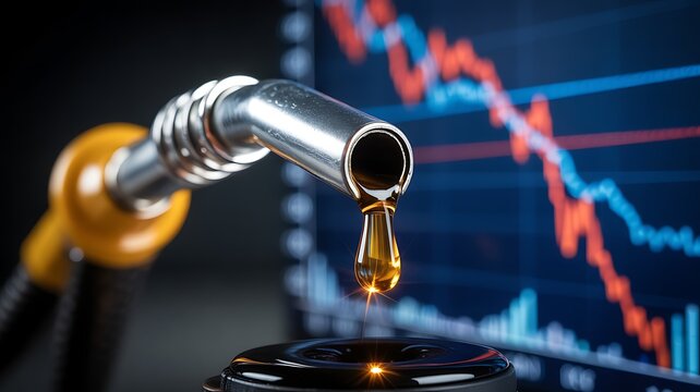 Fuel nozzle with oil drop and declining market chart on financial background