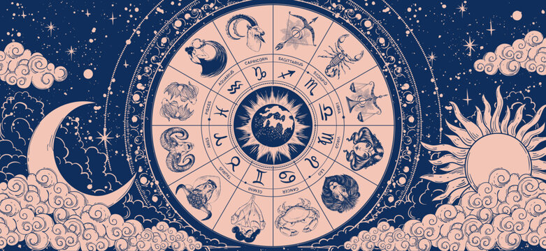 Astrological zodiac wheel with twelve horoscope signs, sun, moon, clouds and stars. Vintage engraved celestial illustration. Astrology, horoscope, zodiac prediction and mysticism concept. Design for