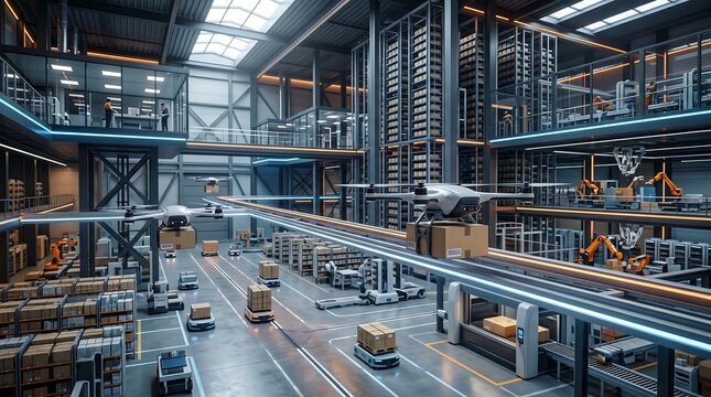 Automated warehouse with drones and robots transporting packages on conveyor belts and shelves.