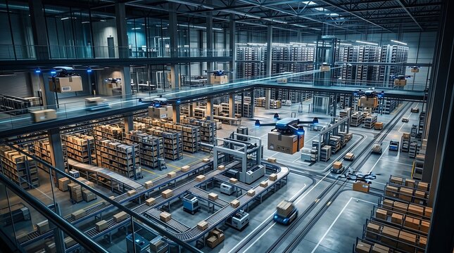 A futuristic warehouse with drones and conveyor belts transporting boxes efficiently in a highly automated logistics center.