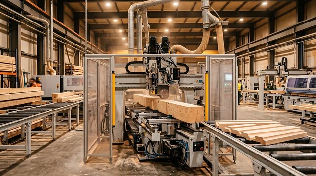Industrial woodworking machine cutting wooden beam in factory setting with conveyor belts and workers in background.