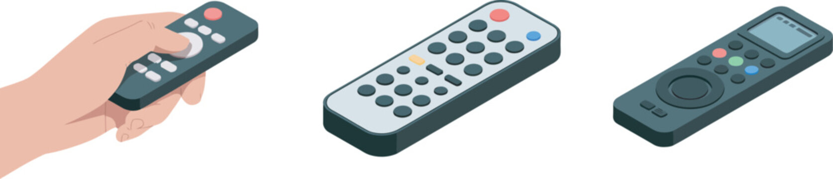 Television remote controls held and displayed on white background, clean vector set of remote controllers for TV and media devices, ergonomic handheld gadgets for channel control, volume adjustment, 
