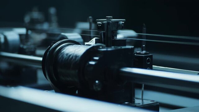 Close up of industrial machinery winding fine threads or wires onto a spool, highlighting precision engineering and automated manufacturing processes in a factory setting