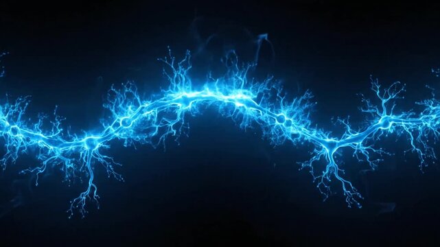 Blue glowing electrical neural network discharge against black background.