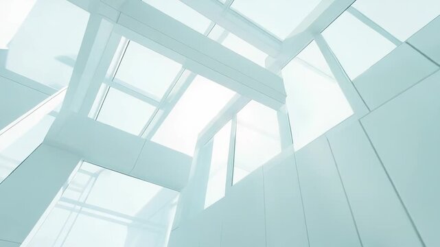 Contemporary architecture creating a bright, clean, and minimalist interior, featuring large glass skylights and sun rays illuminating the abstract structure