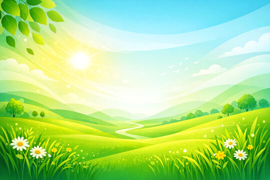 The image captures a vibrant rural landscape with rolling hills under a clear blue sky. Sunlight casts a warm glow on the scene highlighting the lush greenery of grass and trees. A winding road cuts