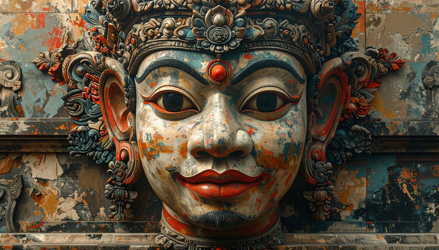 Intricate stone carving of a detailed face with ornate headdress and vibrant colors