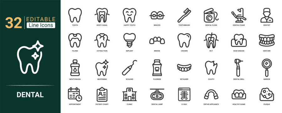 Dental linear icons set featuring tooth, root canal, cavity, clinic, patient chart, x-ray and happy toth symbols. Professional vector line icons. Vector illustration.