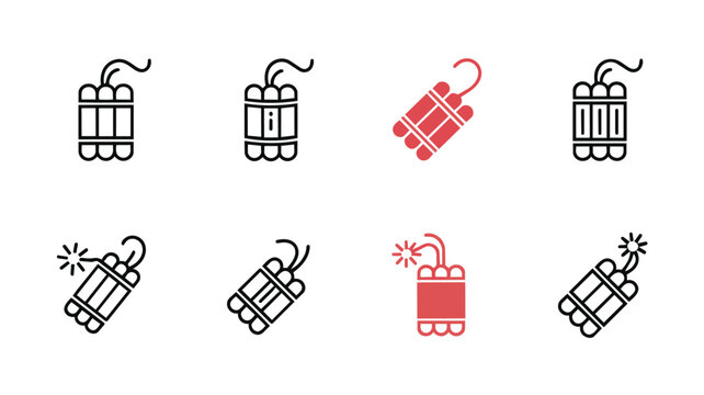 Set of dynamite icons, explosive sticks with burning fuse vector