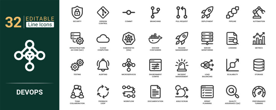 Devops linear icons set featuring security, commit, branching, feedback loop, workflow, storage and symbols. Professional vector line icons. Vector illustration.