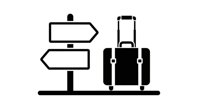 Travel suitcase and signpost indicating direction for journey