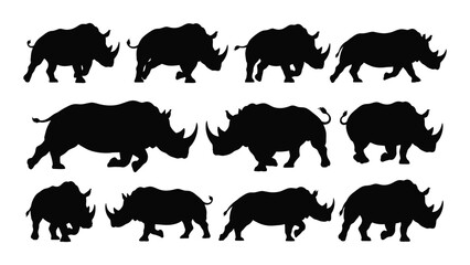 Collection of rhinoceros silhouettes in various poses against a white background silhouette rhinos africa african wildlife wild animals animal black © SIMPLYXRIAD