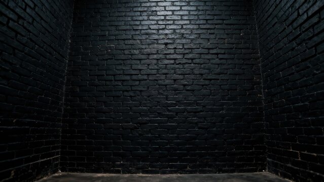 Black brick wall background texture. Dark panoramic night time city or town building design backdrop. Copy room for text.