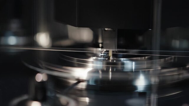Advanced industrial machine performing a precise operation with shiny metal components, symbolizing modern manufacturing, engineering, and high technology in a sleek, automated factory environment