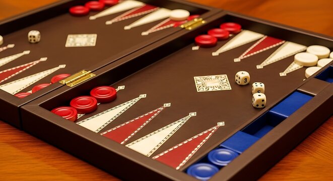Backgammon game pieces arranged on two wooden boards with red and white markers.