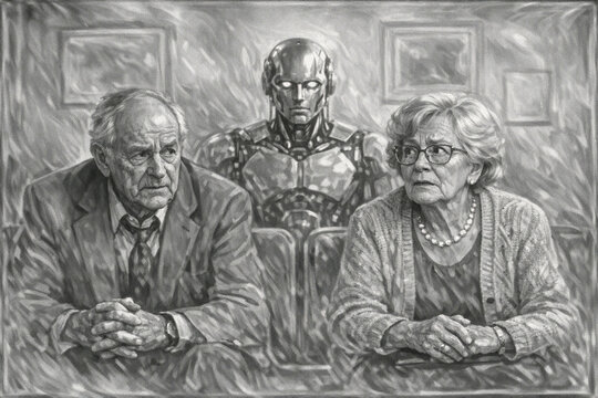 An elderly couple sits in a room with their robot companion. They look concerned or confused about the robot's presence. The setting suggests a futuristic scenario where robots are integrated into