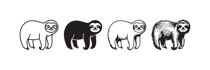 Fototapeta premium Sloth standing on all fours, facing forward, in various black and white drawing styles