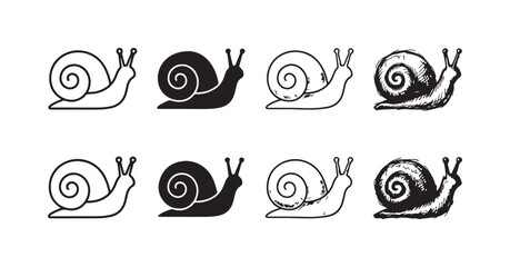 Collection of eight snail icons, featuring various artistic styles from simple outlines to detailed hand-drawn sketches. © Ірина Гринюк