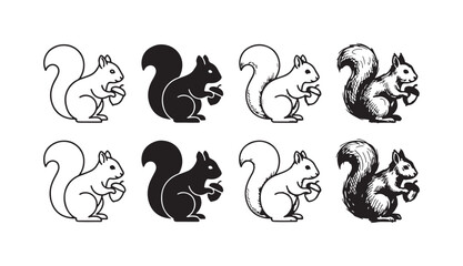 Collection of eight squirrel icons holding an acorn, featuring various artistic styles from simple outlines to detailed hand-drawn sketches. © Ірина Гринюк