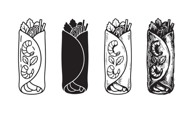 Set of four spring roll or fresh roll icons with shrimp and vegetables, presented in outline, solid, and two distinct hand-drawn sketch styles.