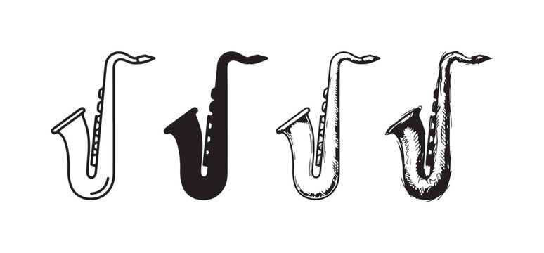 Quartet of simplified saxophone illustrations showcasing different artistic techniques: clean line art, bold silhouette, detailed etching, and energetic doodle sketch.