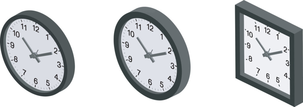 Wall clocks showing different times on white background, vector illustration set of analog clocks with varying hour and minute positions, time zone and scheduling concept for business, education, 
