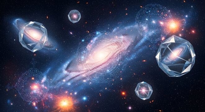 Cosmic Galaxy With Geometric Crystals And Glowing Energy Circles In Deep Space