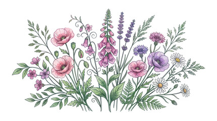 Watercolor Wildflower Bouquet: Poppies, Foxglove, Lavender, Daisies © noeh