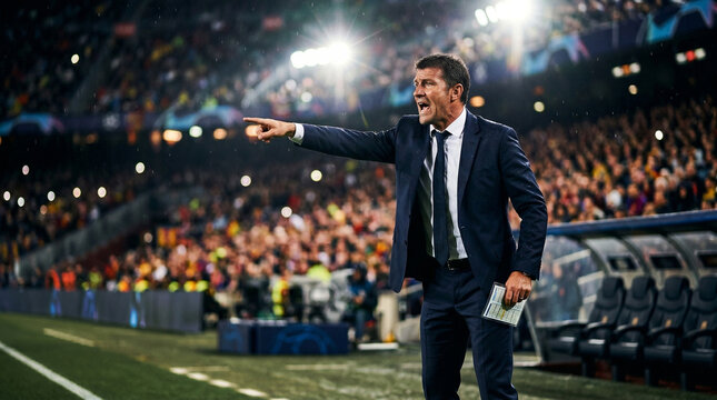 Professional football manager shouting and gesturing tactics from sidelines during match