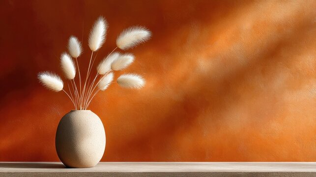 Minimalist sustainable autumn decor with fluffy lagurus grass in a ceramic vase on a wooden shelf against a warm terracotta wall. 