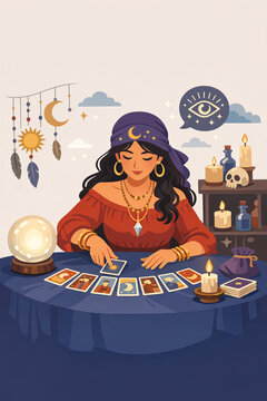 This image features an illustration of a woman dressed in traditional gypsy attire, sitting at a table with a tarot card spread out before her. She appears to be engaging in the act of reading the