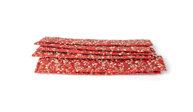 Beetroot crackers, thin rusk beet root bread, red diet multigrain crispbread, various seeds