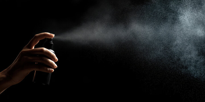 Person Spraying Fine Skincare Mist from Bottle on Black Background