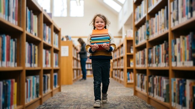 A smiling little girl walking down a library aisle while carrying a large stack of textbooks, conveying childhood happiness, academic curiosity, and early love for reading and education.