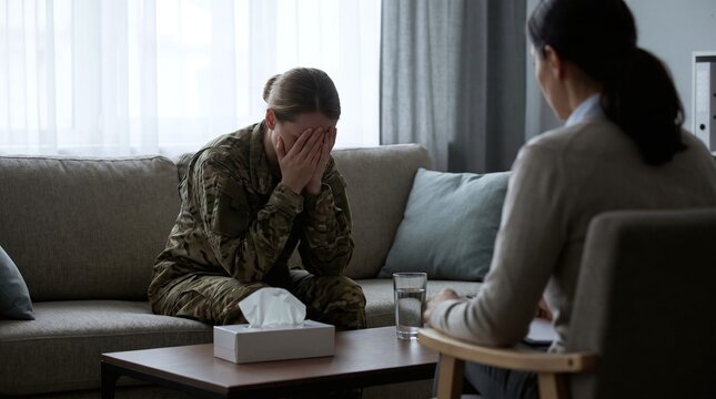 Military veteran dealing with PTSD covering her face in despair at a therapist's office.