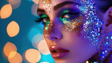 Obraz premium Sparkling Glamour Makeup Portrait with Glitter, Colorful Lights, and Artistic Reflection in Ethereal Background