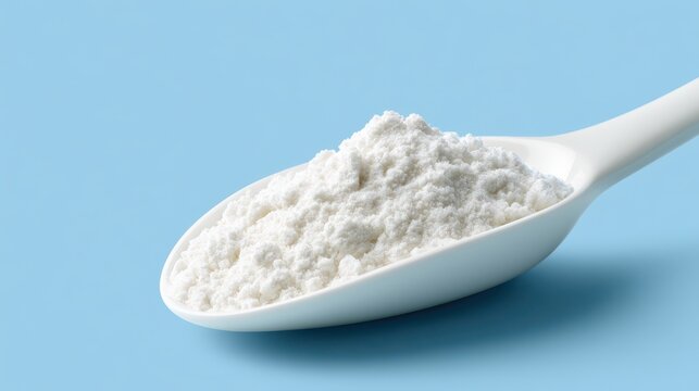 A spoonful of white powder against a solid light blue background