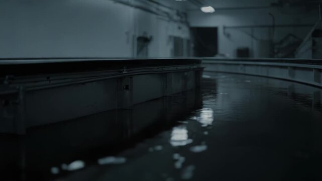 Water filling a large industrial wave tank for scientific research in hydraulic engineering and experimental fluid dynamics within a dark laboratory environment