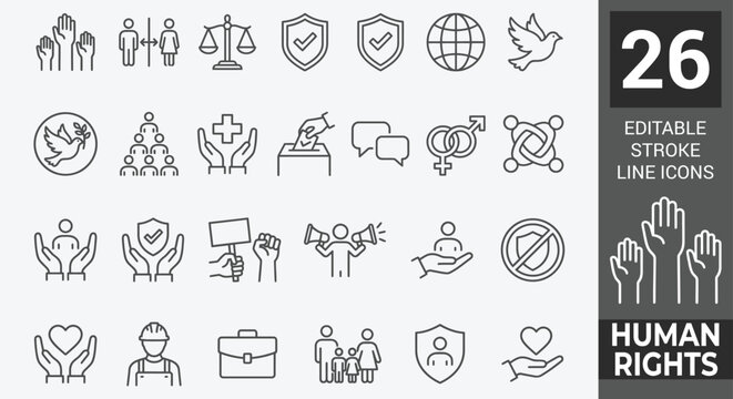 Human Rights line icon set featuring equality, justice, freedom, law, diversity, peace, and advocacy. Professional editable vector illustration for social issues.